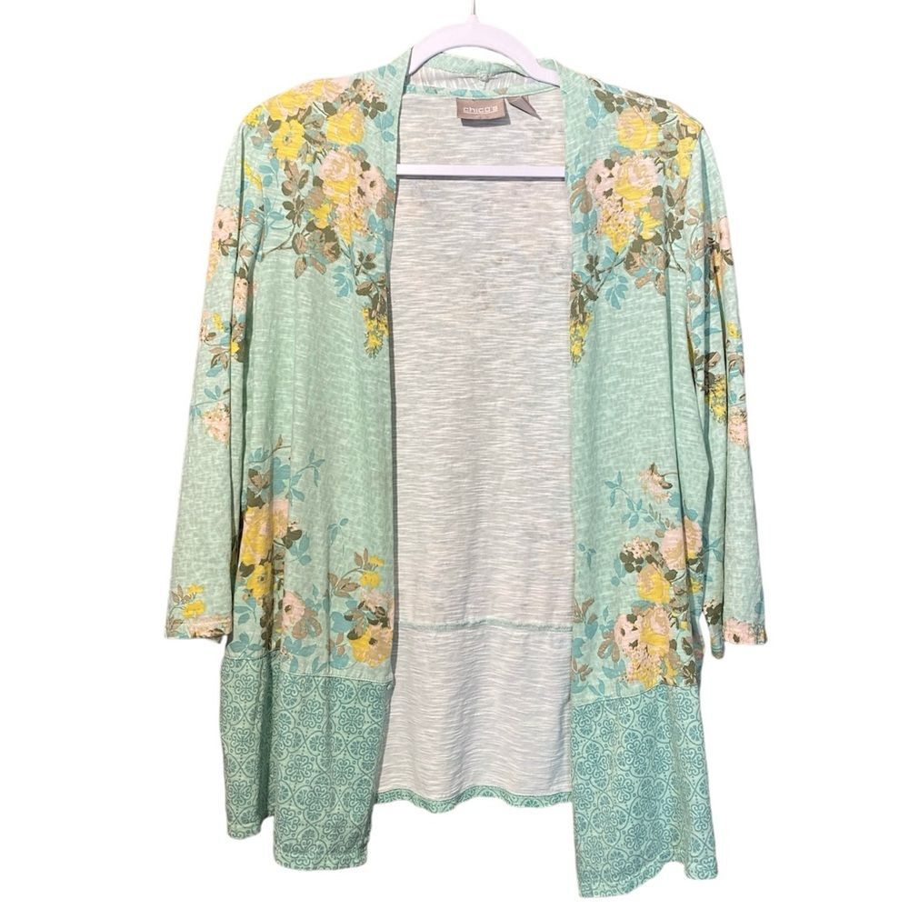 Chico's Medallion Galore Floral Open Front Lightweight Cotton Cardigan Size 1/M